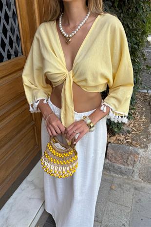Beyaz Püskül Detaylı Bağlamalı Bluz SARI