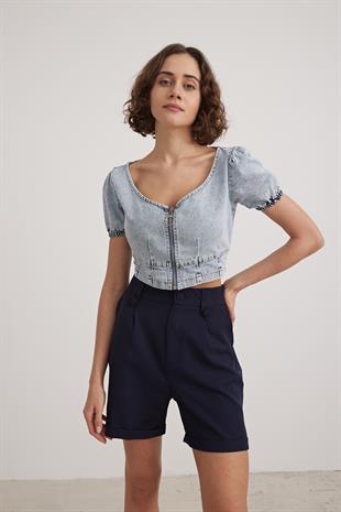 BLUE ZIPPERED CROP BLOUSE BLUE