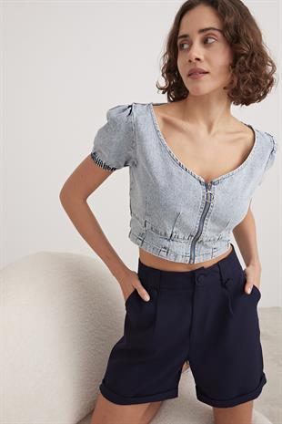 BLUE ZIPPERED CROP BLOUSE BLUE