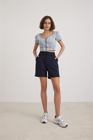 BLUE ZIPPERED CROP BLOUSE BLUE