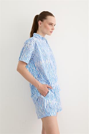 Boncuk Detaylı Çizgili Kısa Şort MAVİ