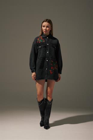 Büyük Cepli Kadın Denim Ceket BLACK DENİM