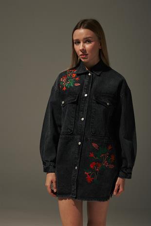 Büyük Cepli Kadın Denim Ceket BLACK DENİM