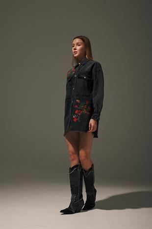 Büyük Cepli Kadın Denim Ceket BLACK DENİM