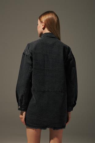 Büyük Cepli Kadın Denim Ceket BLACK DENİM