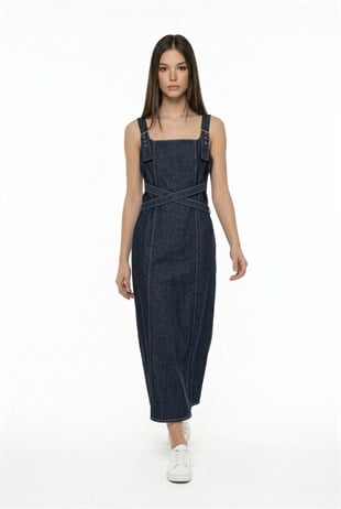 Çapraz Kuşak Detaylı Midi Boy Askılı Elbise LACİVERT