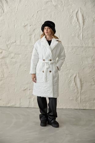 Ceket Yaka Beli Kuşaklı Kapitone Uzun Kadın Mont EKRU