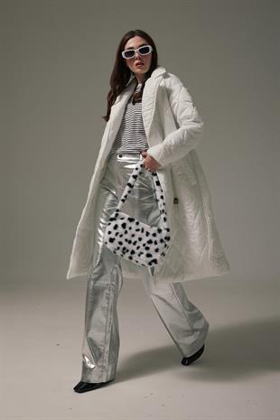 Ceket Yaka Beli Kuşaklı Kapitone Uzun Kadın Mont EKRU