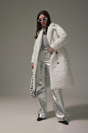 Ceket Yaka Beli Kuşaklı Kapitone Uzun Kadın Mont EKRU