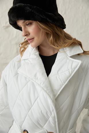 Ceket Yaka Beli Kuşaklı Kapitone Uzun Kadın Mont EKRU