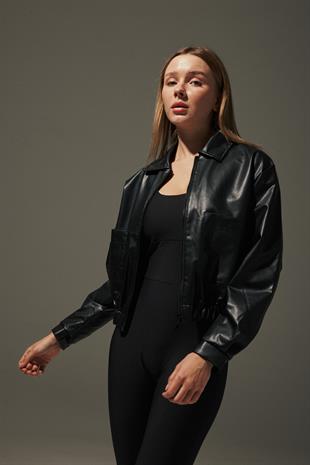 Cep Detay Beli Lastikli Suni Deri Kadın Ceket SİYAH