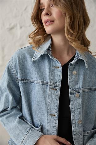 Cep Detaylı Düğmeli Kot Ceket KAR YIKAMA