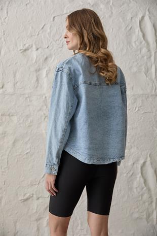 Cep Detaylı Düğmeli Kot Ceket KAR YIKAMA