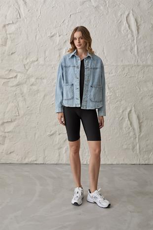 Cep Detaylı Düğmeli Kot Ceket KAR YIKAMA