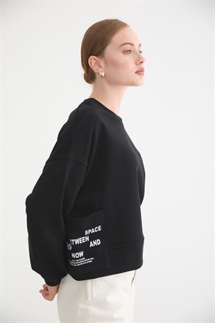 Cep Detaylı Kadın Sweatshirt SİYAH