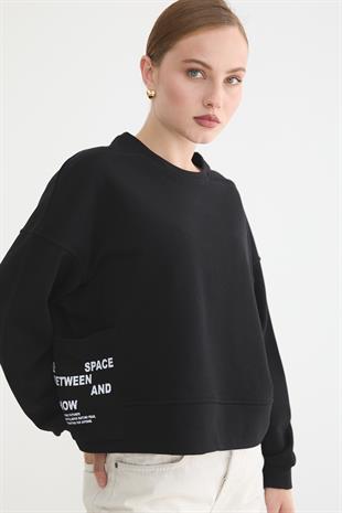 Cep Detaylı Kadın Sweatshirt SİYAH