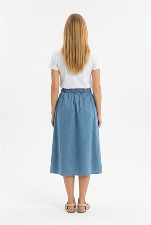 Cep Detaylı Önü Düğmeli Kot Etek RİNS YIKAMA