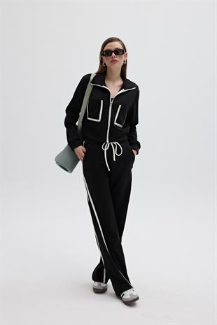 Cep Detaylı Önü Fermuarlı Sweatshirt SİYAH