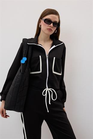 Cep Detaylı Önü Fermuarlı Sweatshirt SİYAH