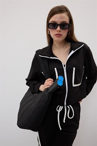 Cep Detaylı Önü Fermuarlı Sweatshirt SİYAH