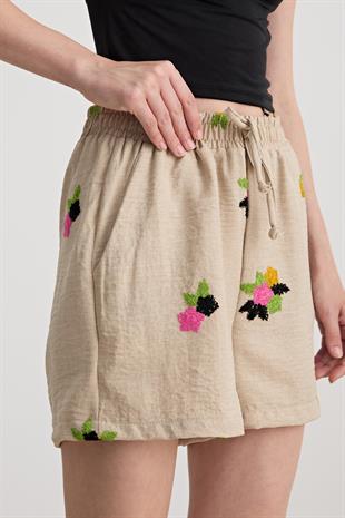 Çiçek Desenli Beli Lastikli Keten Şort TAŞ