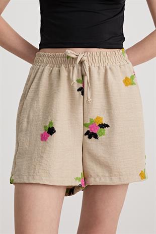 Çiçek Desenli Beli Lastikli Keten Şort TAŞ