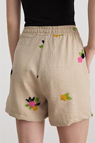 Çiçek Desenli Beli Lastikli Keten Şort TAŞ