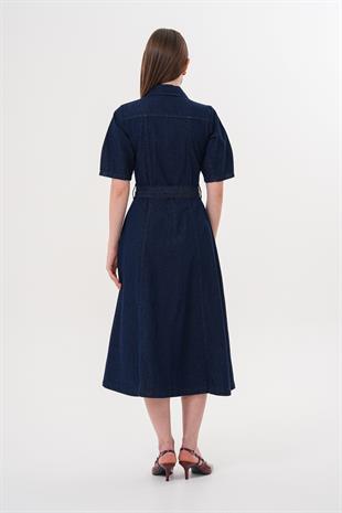 Çıt Çıt Detaylı Beli Kuşaklı Elbise RİNS YIKAMA