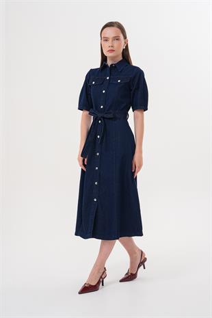 Çıt Çıt Detaylı Beli Kuşaklı Elbise RİNS YIKAMA