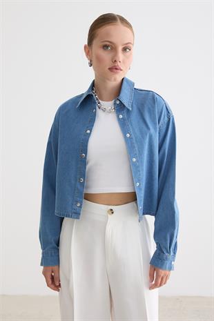 Çıt Çıt Detaylı Crop Gömlek TAŞ YIKAMA