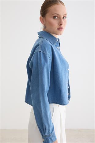 Çıt Çıt Detaylı Crop Gömlek TAŞ YIKAMA