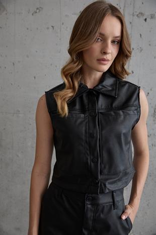 Çıt Çıt Detaylı Kolsuz Deri Yelek SİYAH