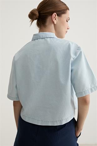 Çıt Çıt Detaylı Oversize Kot Gömlek BUZ MAVİ