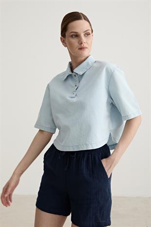 Çıt Çıt Detaylı Oversize Kot Gömlek BUZ MAVİ