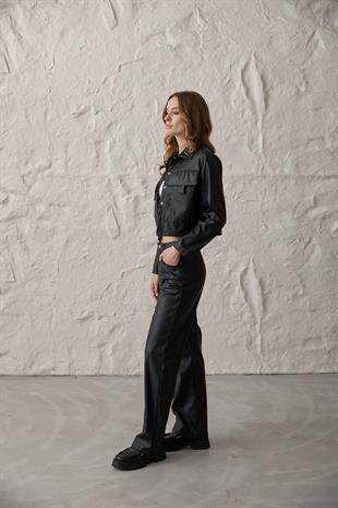 Çıt Çıt Detaylı Uzun Kollu Deri Mont SİYAH