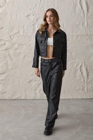 Çıt Çıt Detaylı Uzun Kollu Deri Mont SİYAH