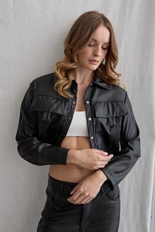 Çıt Çıt Detaylı Uzun Kollu Deri Mont SİYAH