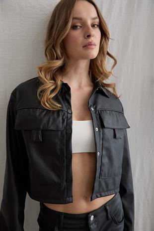 Çıt Çıt Detaylı Uzun Kollu Deri Mont SİYAH