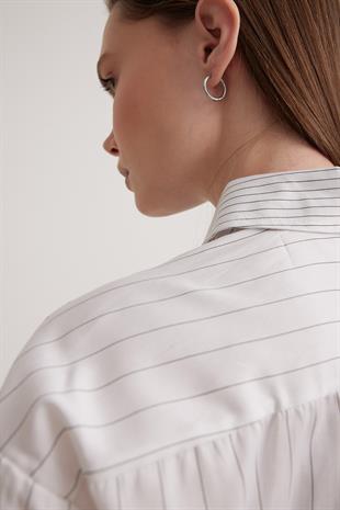 Çizgili Crop Kadın Gömlek GENİŞ ÇİZGİLİ BEYAZ