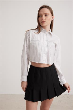 Çizgili Crop Kadın Gömlek GENİŞ ÇİZGİLİ BEYAZ