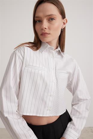 Çizgili Crop Kadın Gömlek GENİŞ ÇİZGİLİ BEYAZ