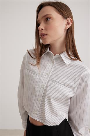 Çizgili Crop Kadın Gömlek GENİŞ ÇİZGİLİ BEYAZ