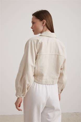 Yazı Detaylı Crop Kadın Kot Ceket TAŞ