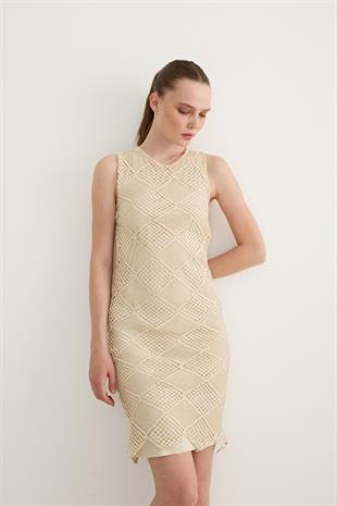 Dantel Detaylı Kolsuz Elbise TAŞ