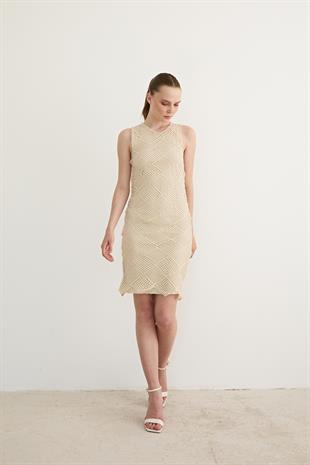 Dantel Detaylı Kolsuz Elbise TAŞ