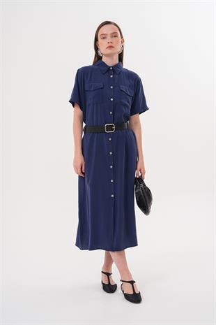 Deri Kemer Detaylı Tencel Elbise LACİVERT