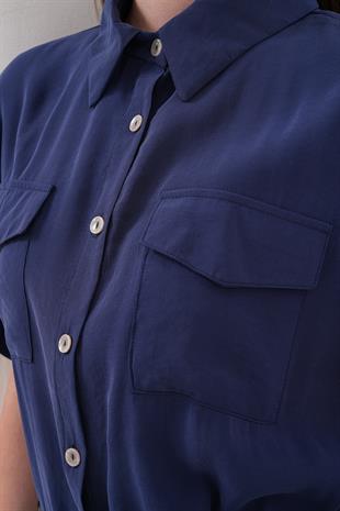 Deri Kemer Detaylı Tencel Elbise LACİVERT