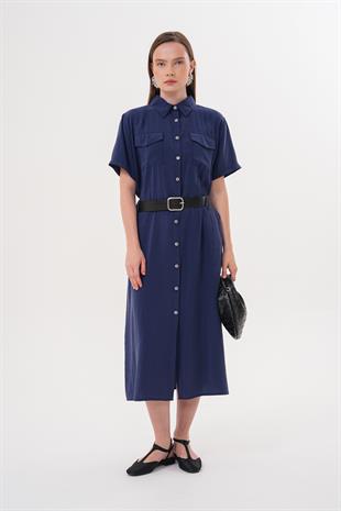 Deri Kemer Detaylı Tencel Elbise LACİVERT