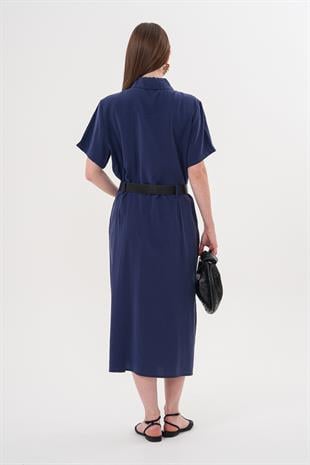 Deri Kemer Detaylı Tencel Elbise LACİVERT