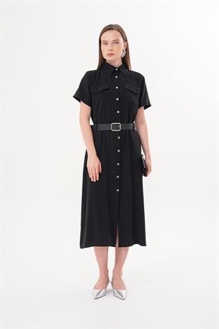 Deri Kemer Detaylı Tencel Elbise SİYAH